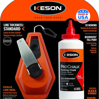 Keson K3X4R 3x1 Rewind Chalk Line Reel Combo with 4-Ounces of Red Chalk
